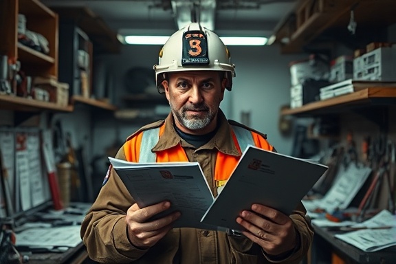 worn emergency appliance, tense expression, holding repair manuals, photorealistic, small cluttered garage with scattered schematics, highly detailed, tool sparks and oil stains, intricately textured, muted tones, overhead fluorescent lighting, shot with a 70mm lens