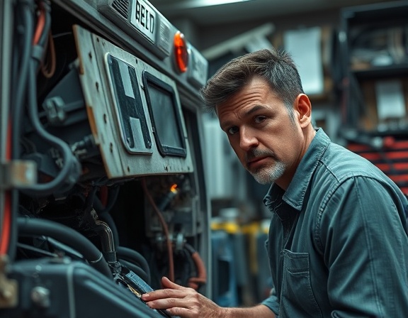damaged emergency appliance, focused expression, diagnosing the issue, photorealistic, cluttered workshop with various equipment, highly detailed, moving parts and electrical arcs, ultra-sharp focus, cool blues and grays, soft ambient lighting, shot with a 35mm lens