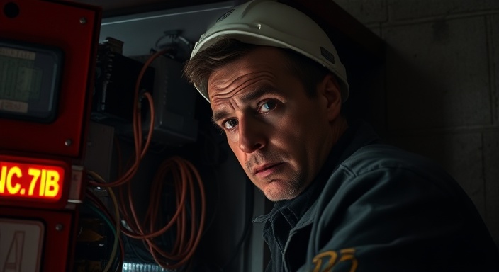faulty emergency appliance, concentrated expression, rewiring internals, photorealistic, industrial basement with concrete walls, highly detailed, flickering lights and buzzing sounds, crystal clear clarity, dark and moody ambiance, tungsten lighting, shot with an 85mm lens
