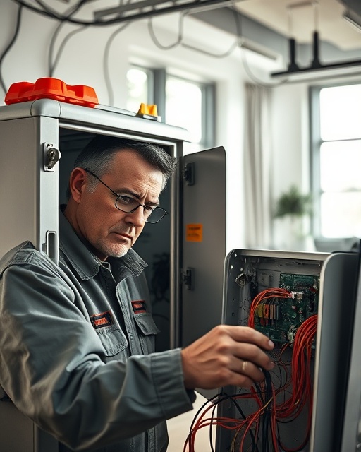modern emergency appliance, serious expression, inspecting circuit boards, photorealistic, modern living room with exposed wires, highly detailed, slight smoke and glowing components, super high resolution, neutral palette, natural daylight through windows, shot with a 24mm lens